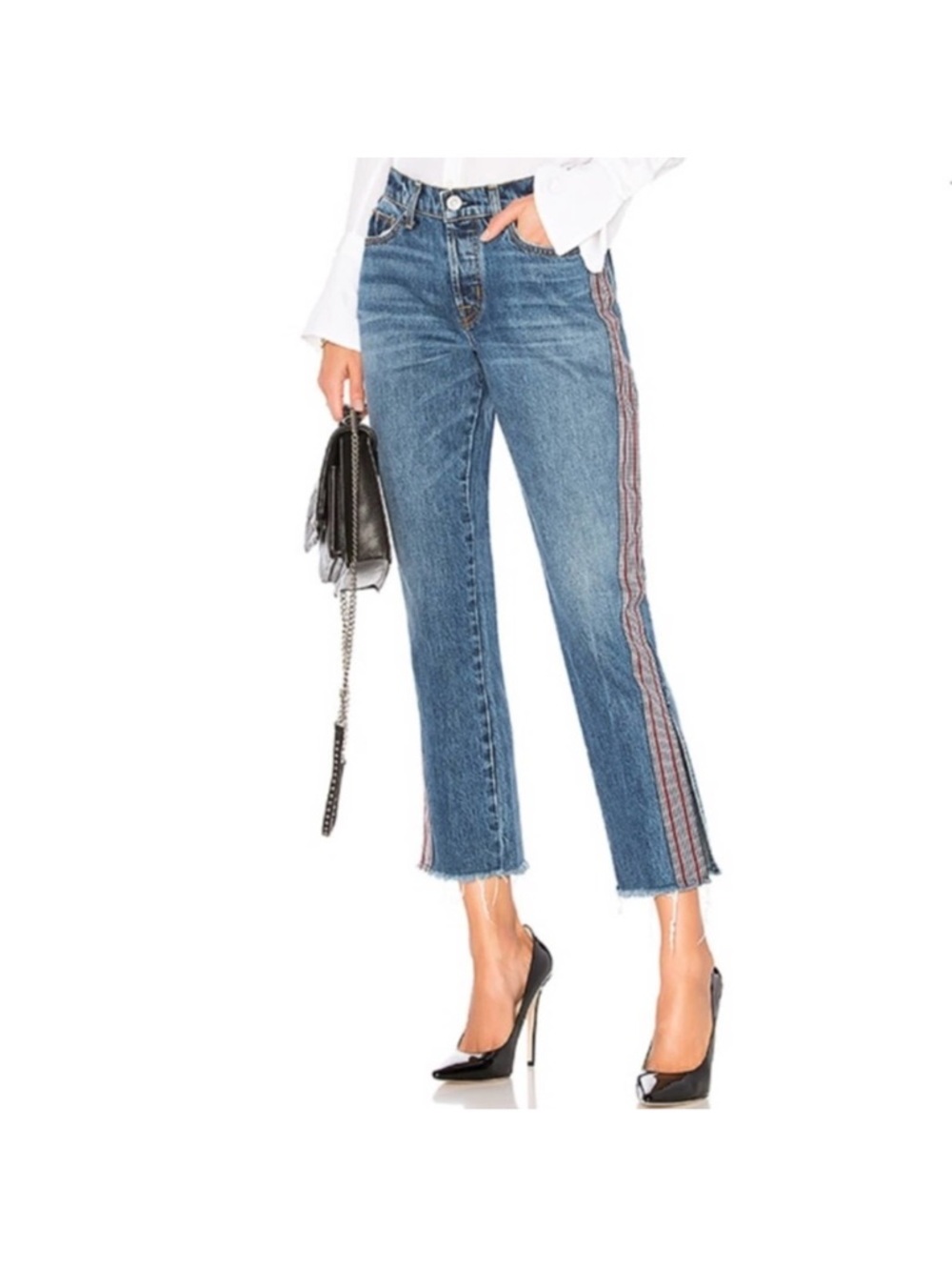Hudson Riley Luxe Crop Raw Hem Button Fly Relaxed Straight Side Stripe Jeans 29